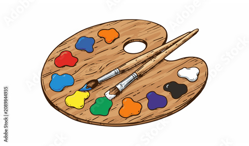 Hand Drawn Artist Paint Palette with Paintbrushes Vector Illustration Isolated on White Background