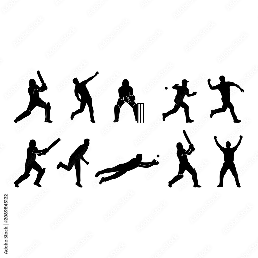 Fototapeta premium Cricket players action silhouettes mega collection with batsmen bowlers fielders isolated