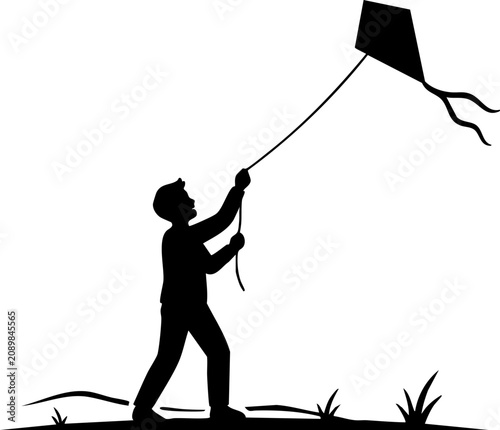 Silhouette of young boy flying kite in open field isolated on white background