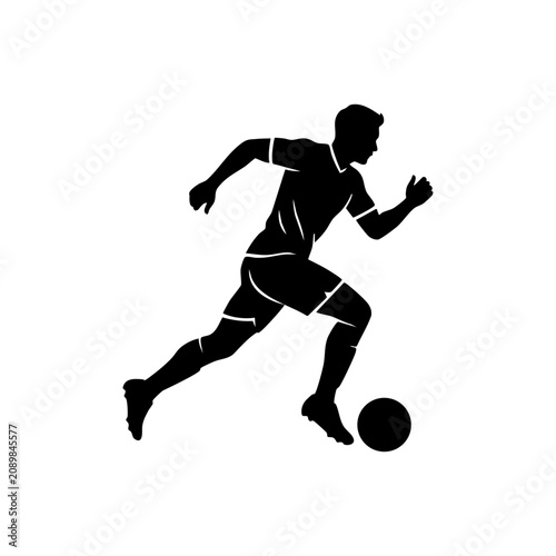 Silhouette of soccer player running with football isolated on white background