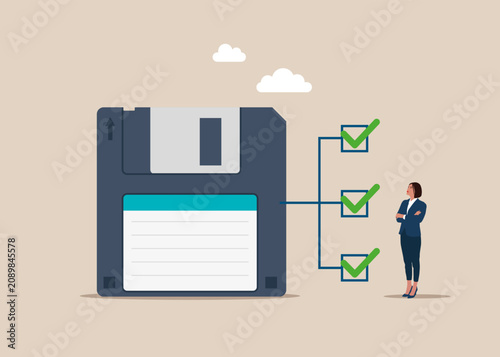 Files appraisal. Diskette valuation. Business lady checks old medium to store information on retro computers.  Modern vector illustration in flat style