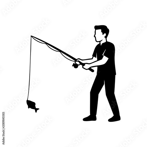 Silhouette of young man fishing with rod and catching a small fish