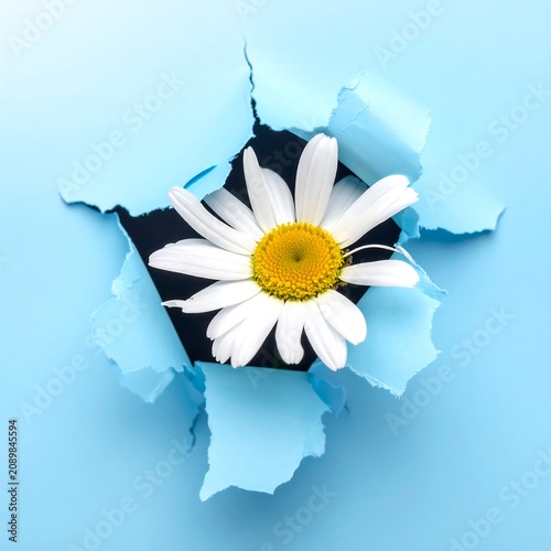 Close-up of white daisy with yellow center against blue sky.