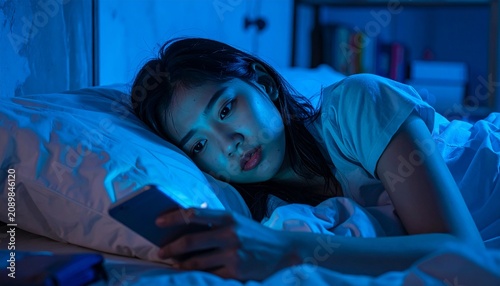 young Asian woman using smartphone eon bed in night