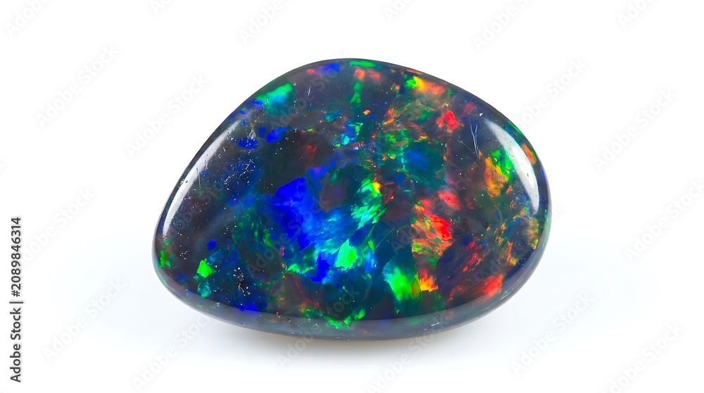 Obraz premium Polished black opal gemstone with vibrant multicolor fire play of color isolated on white background