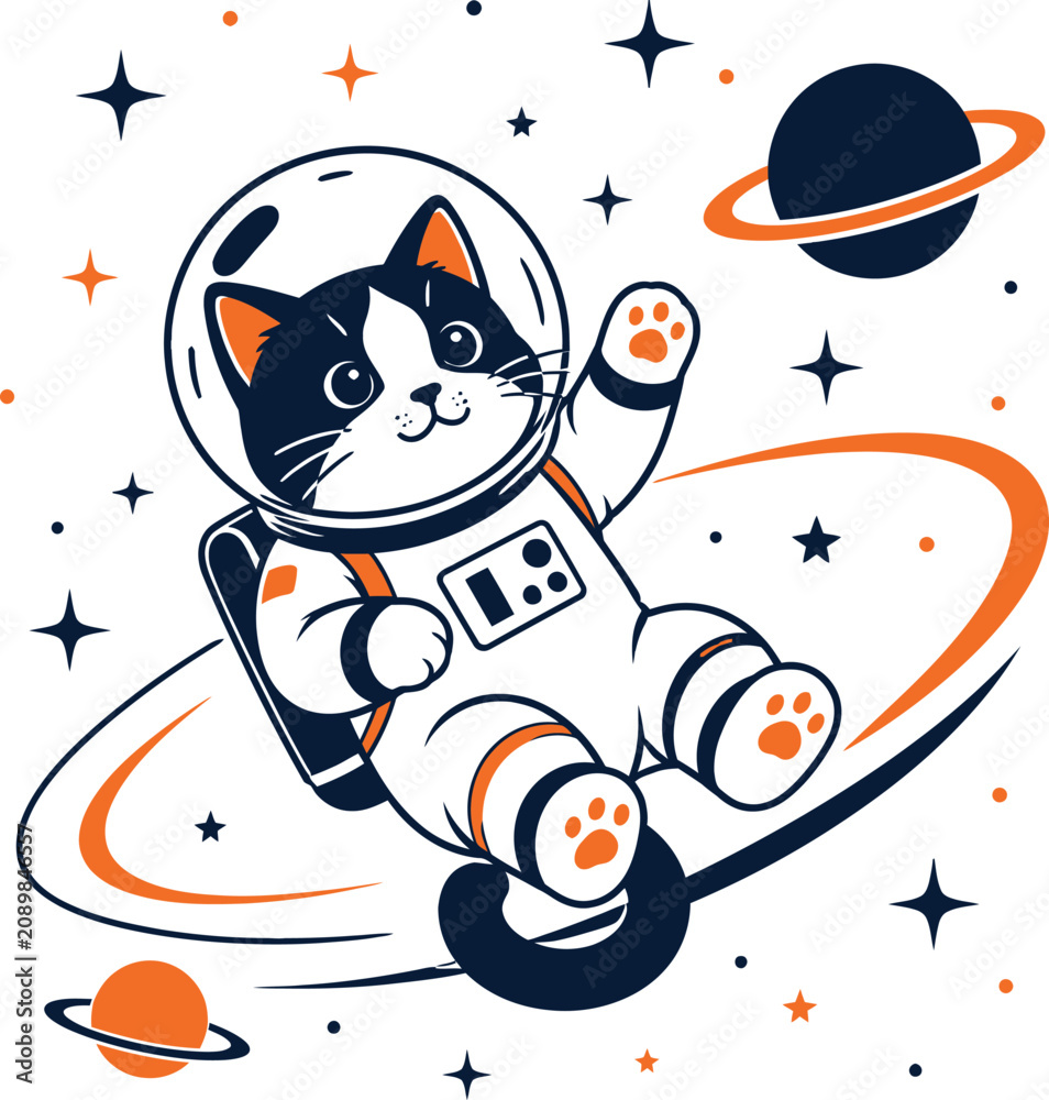 Naklejka premium Astronaut Cat Cartoon Floating in Space with Planet Rings and Orange Pawprints, Starry Doodle Style Featuring Rocket, Stars