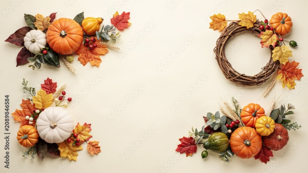 Fototapeta premium Autumn flat lay with pumpkins, woven wreath, and colorful fall leaves