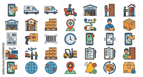 Konstfotografi Editable Logistics and Delivery Color Icons with Truck Scooter Warehouse Trackin