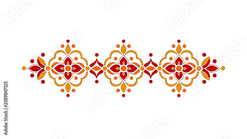 Rangoli inspired ornamental border pattern with red and gold floral motifs on transparent background, concept of traditional Indian festive decoration