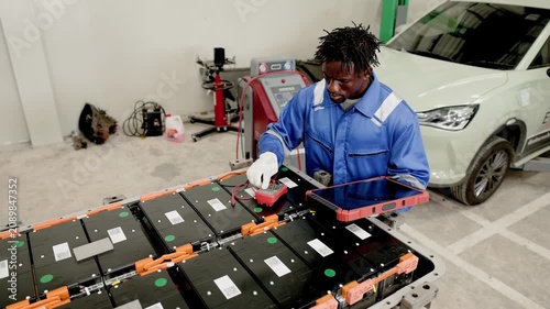 Professional African black male worker working service maintenance EV car in EV garage auto workshop, Cabling DC Inverter power line.