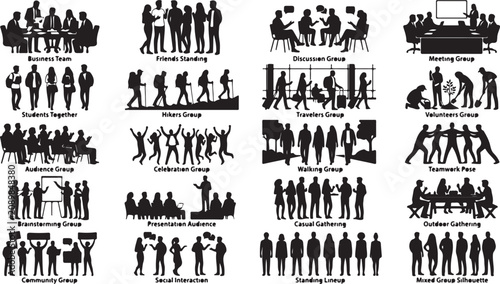 Collection of diverse people silhouettes showing various social interactions and group activities in black and white vector