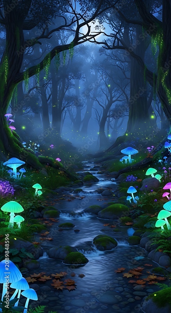 Obraz premium A serene moonlit forest scene with glowing mushrooms
