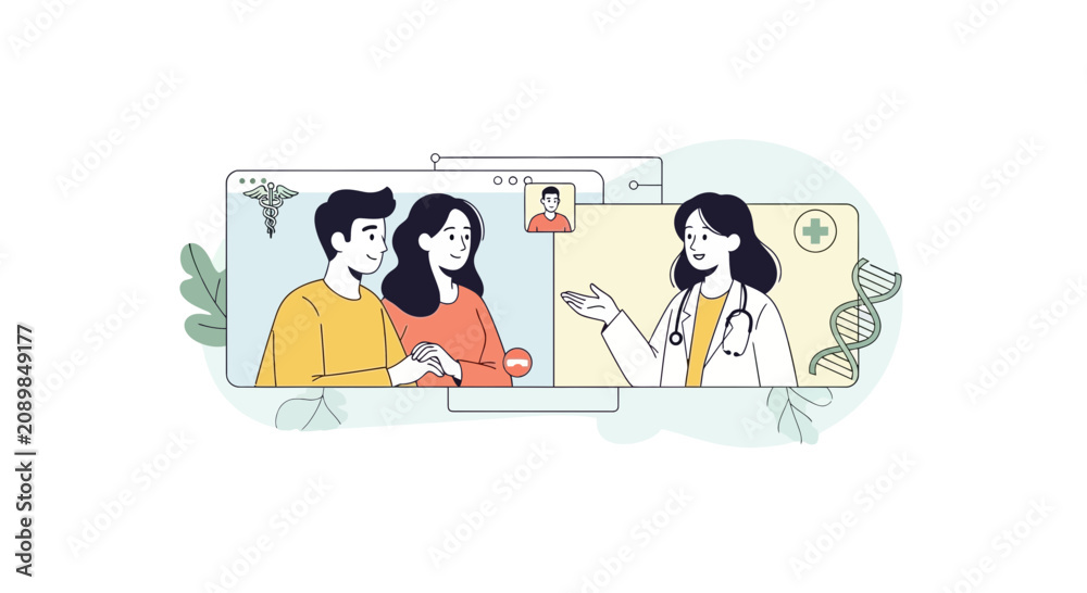 Fototapeta premium Telemedicine Couple Consulting Doctor Online Via Video Call, Health Technology Concept