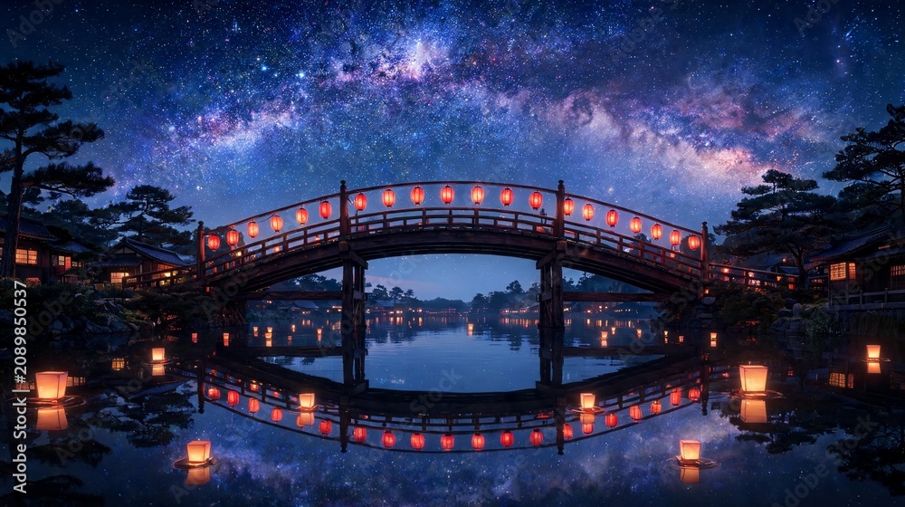 Fototapeta premium Traditional wooden arched bridge decorated with glowing red paper lanterns under a brilliant starry night sky