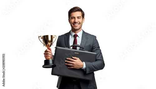 Businessman in a dark suit stands proudly holding a gold trophy cup and a black leather briefcase.