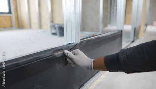 Gloved Technician Inspecting Window Frame Seal During Building Maintenance for Inspection and Repair