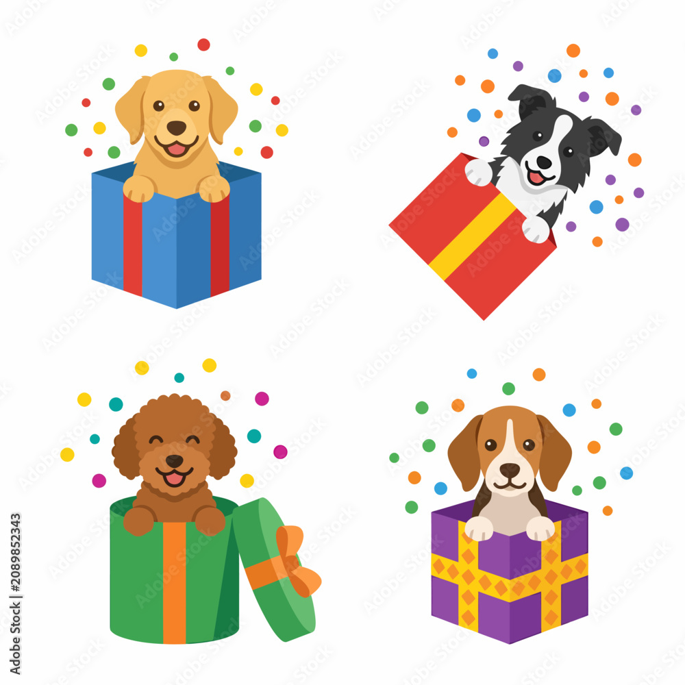 Fototapeta premium Cute Puppies Surprise Gift Boxes Birthday Celebration