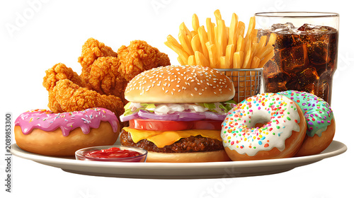 Delicious fast food meal with burger fries and fried chicken isolated on transparent background