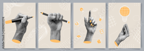 Trendy Halftone Collage Posters Hands Holding Lightbulb Pencil Pen Marker Retro Vintage Y2K Elements School Supplies. Business Education Office Contemporary Modern Concept Cutout Collage Hand Stickers