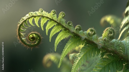 Tender fern frond unfurls in a spiral, backlit with warmth, creating a natural, organic composition