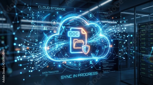 Cloud storage data synchronization concept with glowing file icon