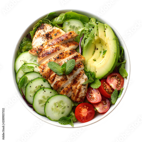 Grilled chicken salad bowl with avocado and cucumber isolated on transparent background
