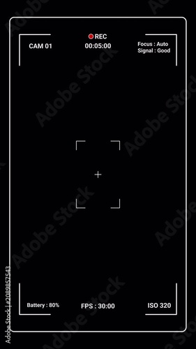 Vertical CCTV Surveillance Monitoring Interface HUD Overlay with Recording Frame, Timecode, Battery, and Signal Data Elements on Black Background Loop 4k video