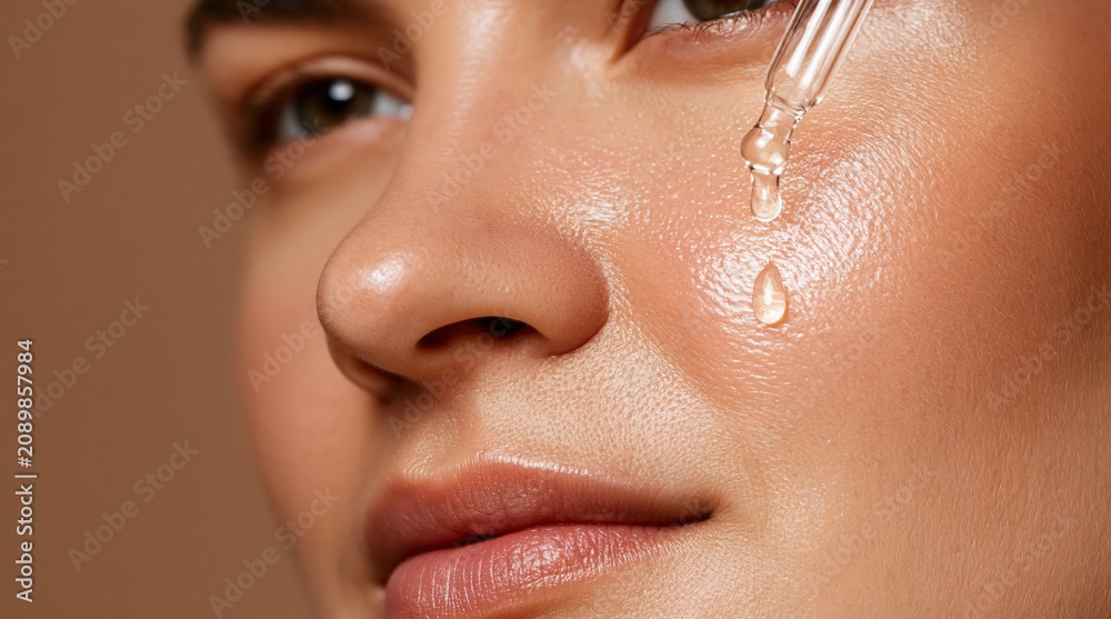 Fototapeta premium Skincare routine with woman applying cosmetic serum to her glowing facial skin beauty