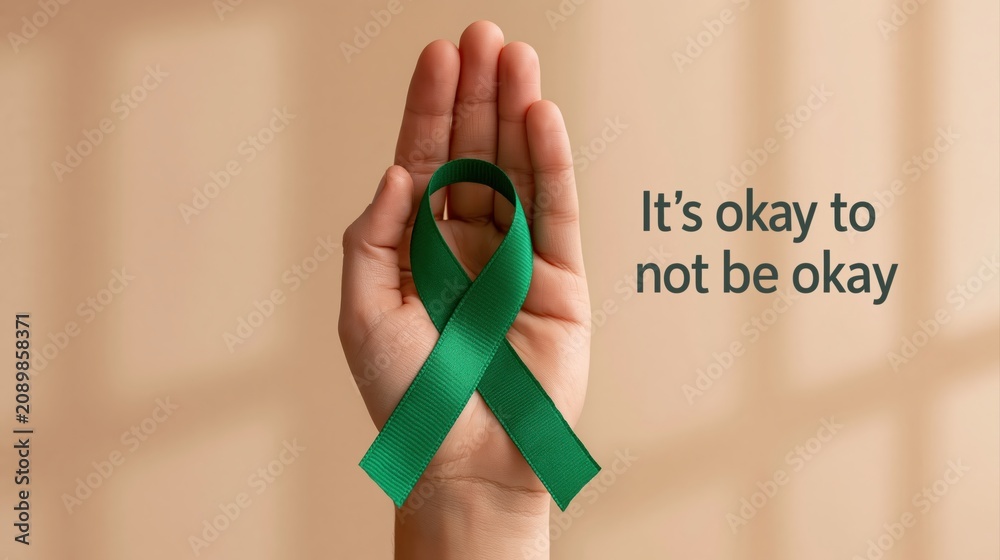 Fototapeta premium Awareness of mental health with a green ribbon held in hand for wellbeing support