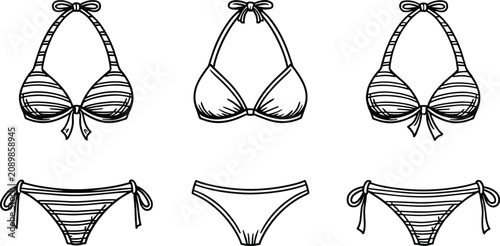 Konstfotografi Set of black and white bikini icons featuring various swimsuit styles and stripe
