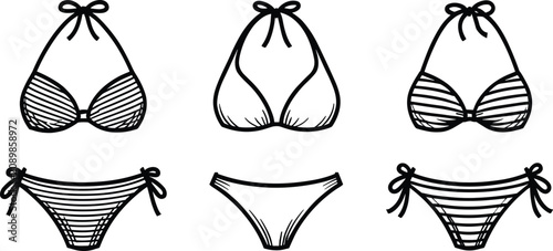 Fotografía Set of black and white bikini icons featuring different swimsuit styles and stri