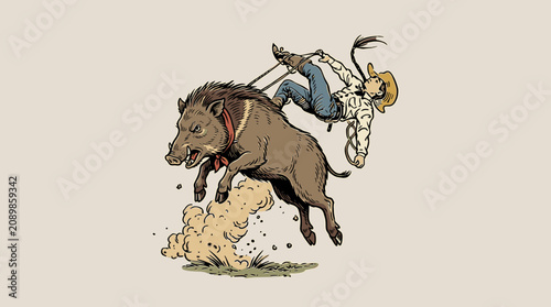 Vintage western cowboy riding a wild charging boar hog, retro graphic illustration for t-shirt design and BBQ restaurant branding.