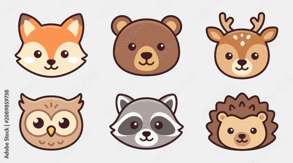 Fototapeta premium Cute forest animal faces collection