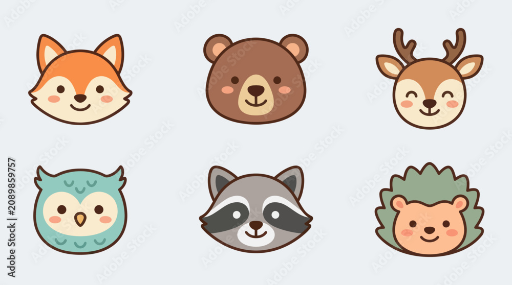 Fototapeta premium Cute forest animal faces collection