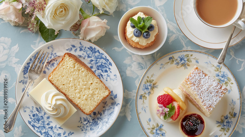 Afternoon tea service with various sweet pastries, a slice of pound cake, and a cup of warm tea on a patterned tablecloth