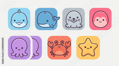 Photography Cute kawaii ocean animal icons set