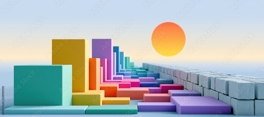 Fototapeta premium Modular innovation blocks unable to connect across barrier in pastel panoramic scene