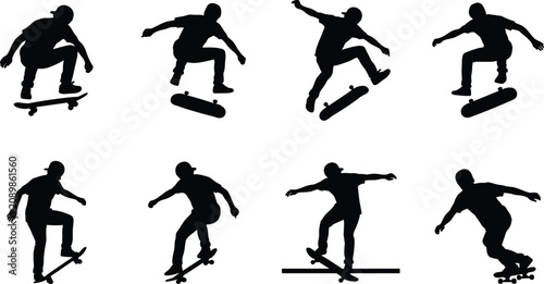 Tableau sur toile Skateboard Trick Silhouette Collection with Jumping Skaters Performing Freestyle