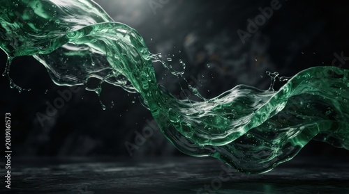 Swirling emerald liquid in motion dark moody background 3D render