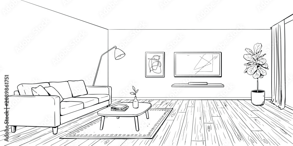 Fototapeta premium Minimalist living room interior sketch, modern lounge line art vector, contemporary home furniture outline with sofa and television