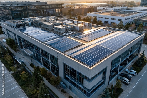 Commercial Building Rooftop Covered with Rows of Solar Panels