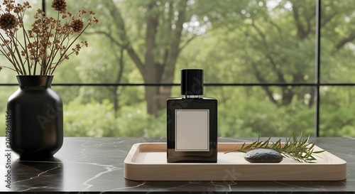 A dark glass perfume bottle with a black cap on a wooden tray, accompanied by a vase of dried flowers and a stone on a marble surface