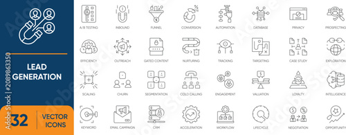Lead Generation Icon Set. Containing Lead, Sales, Funnel, CRM, B2B, Marketing, Email, Campaign and more. Editable vector Line icons collection.