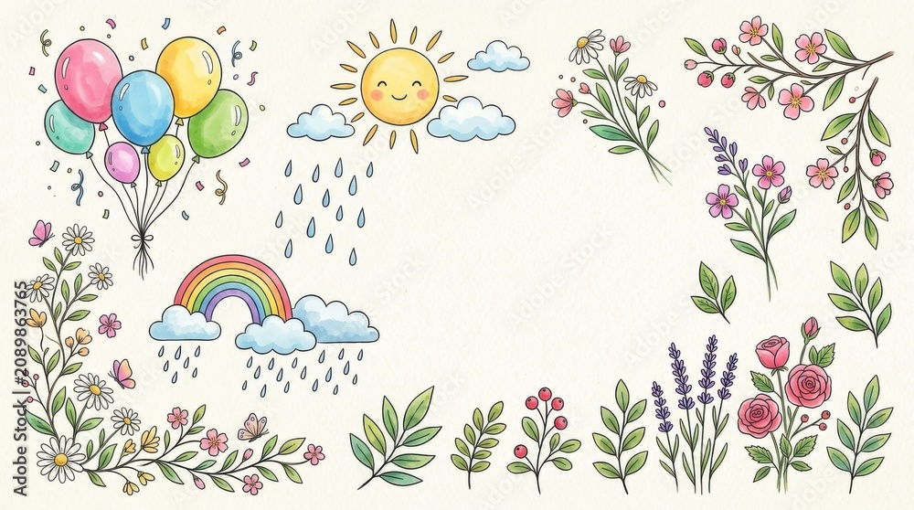 Fototapeta premium Cute hand-drawn illustration set with balloons, flowers, rainbow, and smiling sun