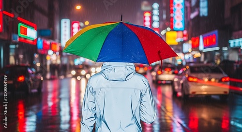 Individual with reflective jacket and colorful umbrella on rainy street