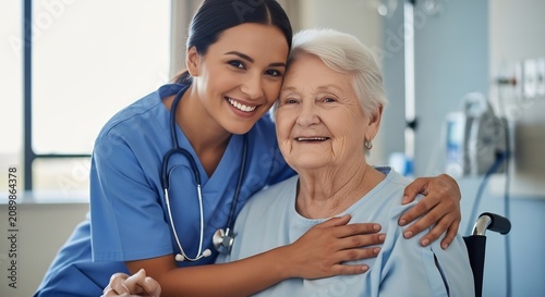 Happy nurse embracing a senior woman in a wheelchair during a checkup.