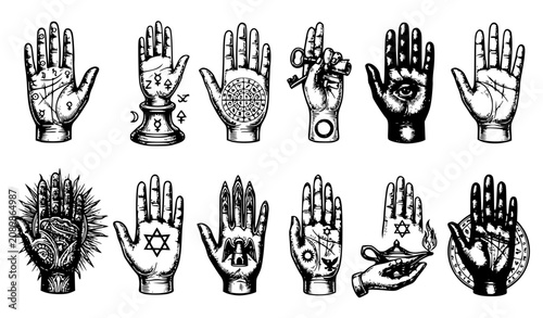Quadro su tela Vintage palmistry hand and alchemical celestial vector set with classic engraved