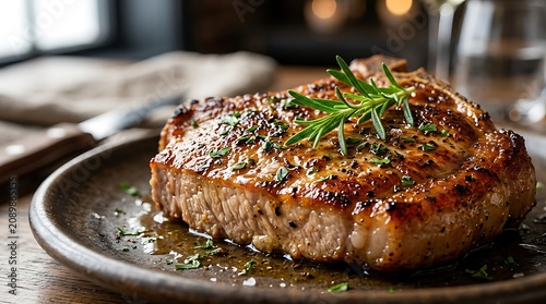Grilled beef steak with rosemary herbs on a rustic metal plate