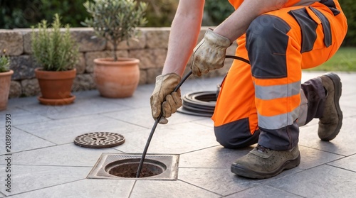 Professional maintenance worker in high visibility workwear inspecting a residential outdoor drainage system using a flexible inspection camera cable