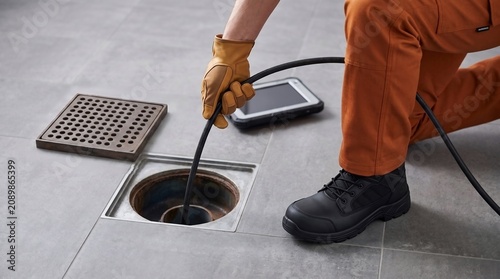 Professional technician in orange workwear using a sewer inspection camera to check a drain system on a tiled floor in a bright industrial facility